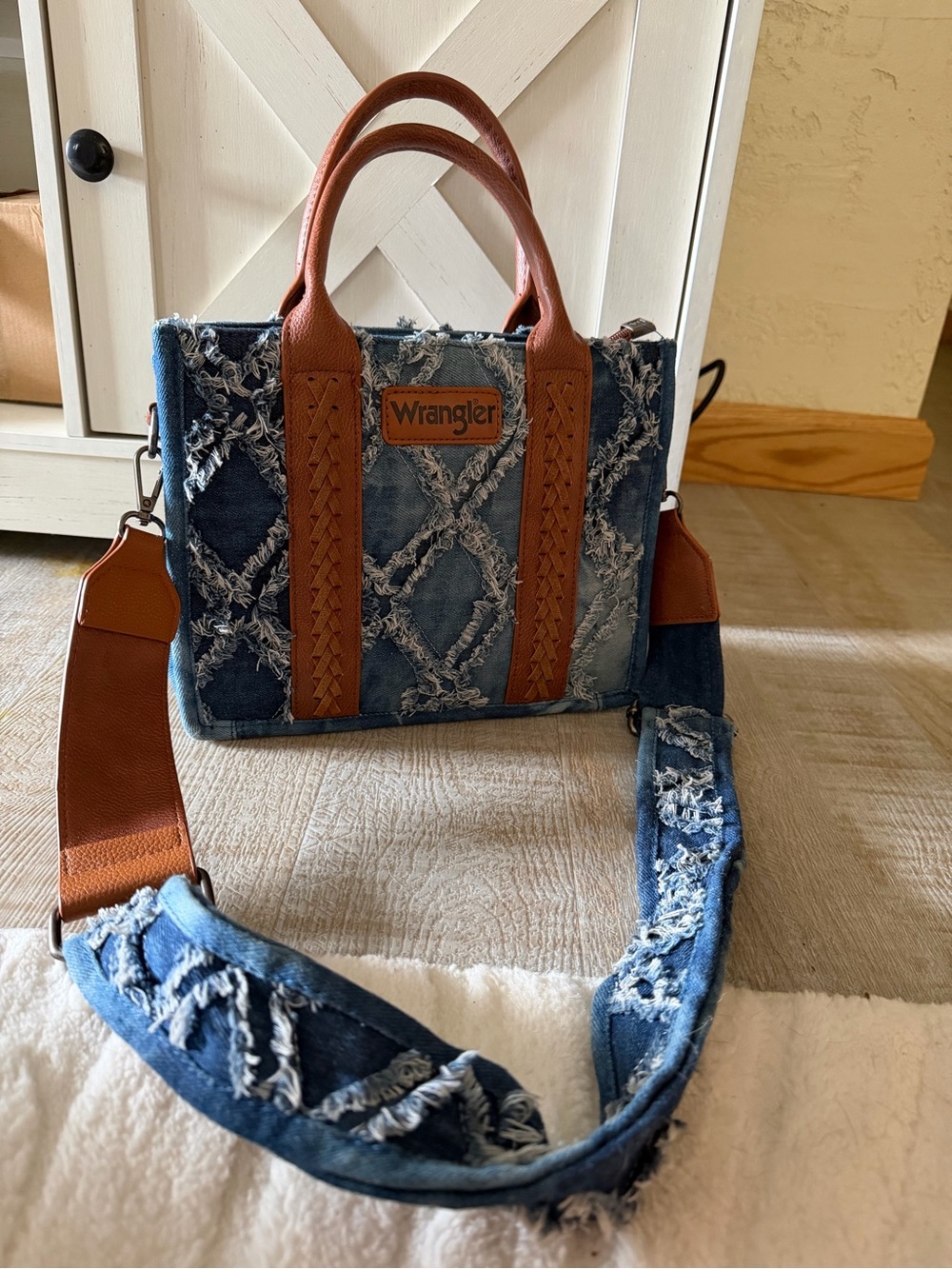 Wrangler Distressed Blue Denim Messenger Bag with Brown Trim